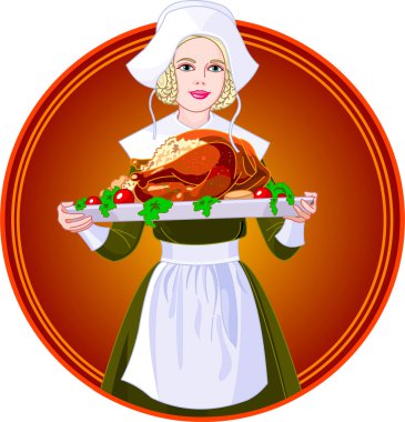 Woman holding a roasted turkey on a plat clipart