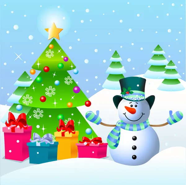 Pupazzo di neve e albero di Natale — Vettoriale Stock
