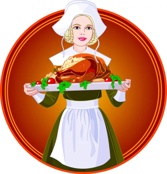 Женщина держит жареную индейку на тарелке — стоковый вектор