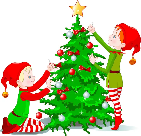 Los elfos decoran un árbol de Navidad — Vector de stock