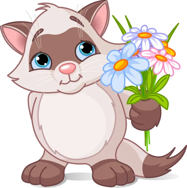 Χαριτωμένο γατάκι με λουλούδια — Διανυσματικό Αρχείο