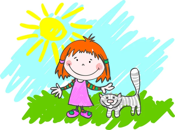 Girl and Cat — Stock Vector