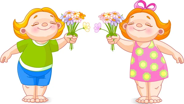Dos bebés con ramos de flores — Vector de stock