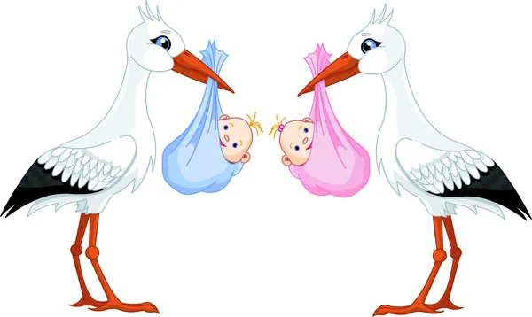 Dos cigüeñas dando a luz a bebés recién nacidos — Vector de stock