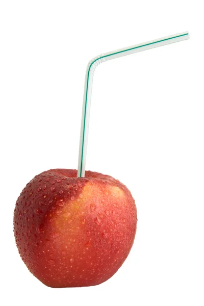 Roter Apfel mit Trinkhalm — Stockfoto