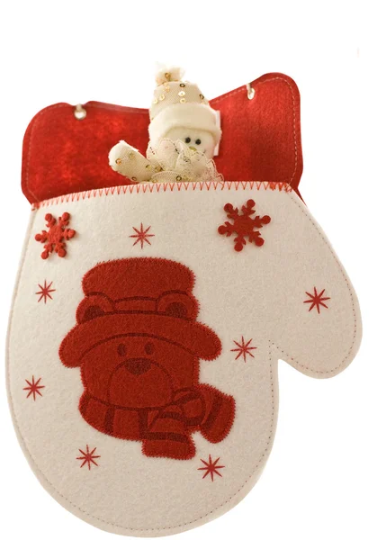 Vánoční rukavice s malou sněhulák — Stock fotografie