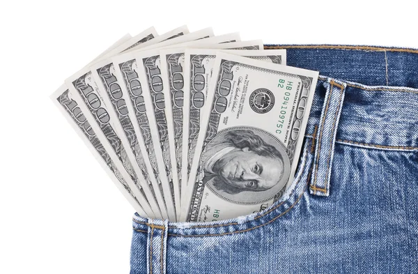 Hundred dollar bills in jeans pocket — Stock Photo, Image