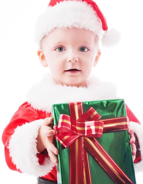 Toddler Santa with Christmas gift — Stock Photo, Image