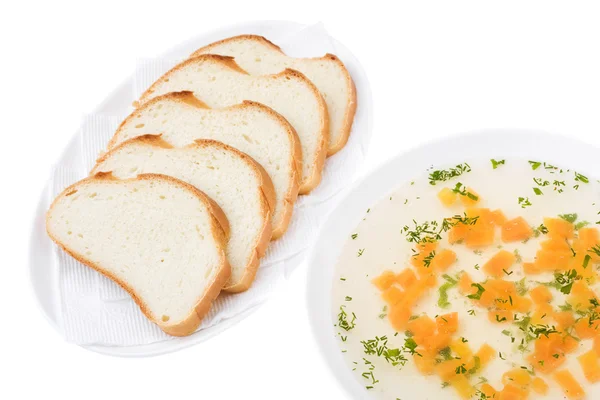 Clear Chicken Broth with Sliced Bread — Stock Photo, Image