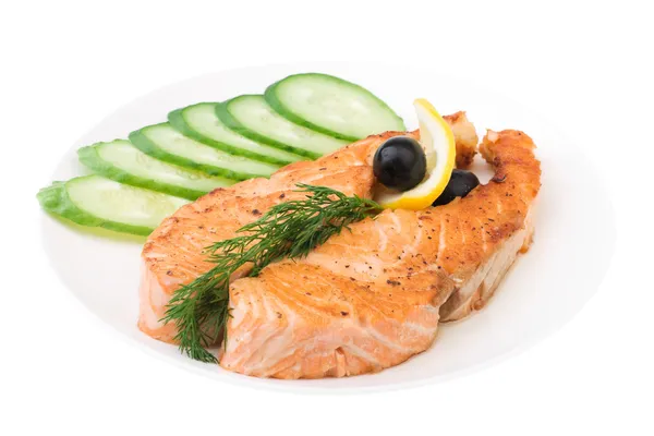 Grilled Salmon with sliced cucumber — Stock Photo, Image