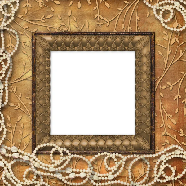 Wooden frame with beads on the leafage o — Stock Photo, Image