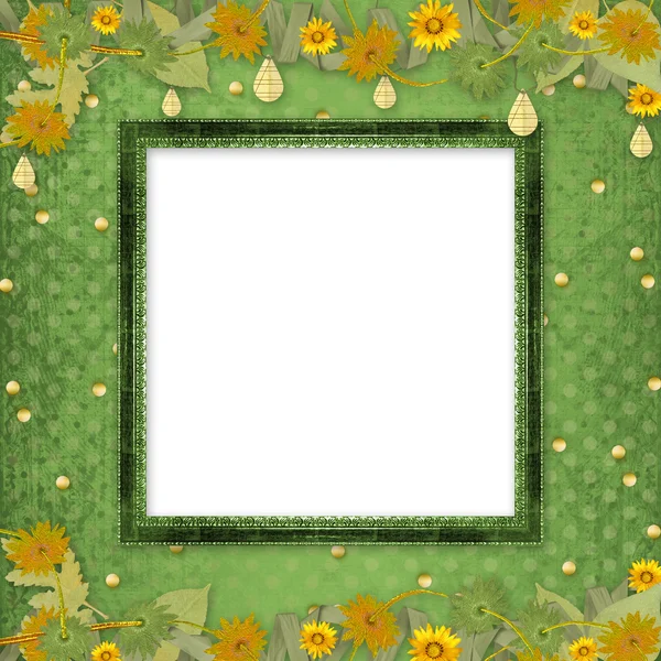 Wooden frame with bunch of flowers — Stock Photo, Image