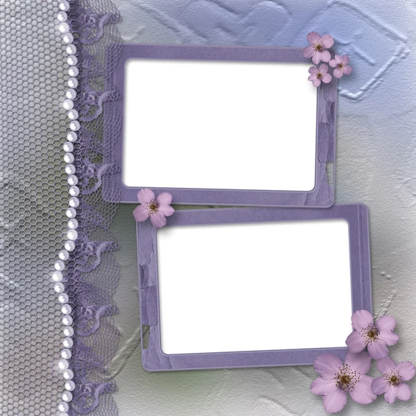 Grunge fialový rám pro fotografie s perlami — Stock fotografie