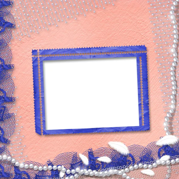 Rám s perlami a modrá krajka — Stock fotografie