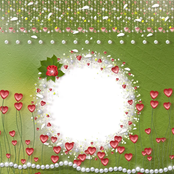 Card with hearts, pearls and feathers — Stock Photo, Image