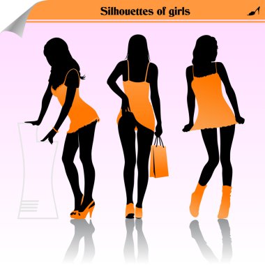 Silhouette girls orange dress clipart