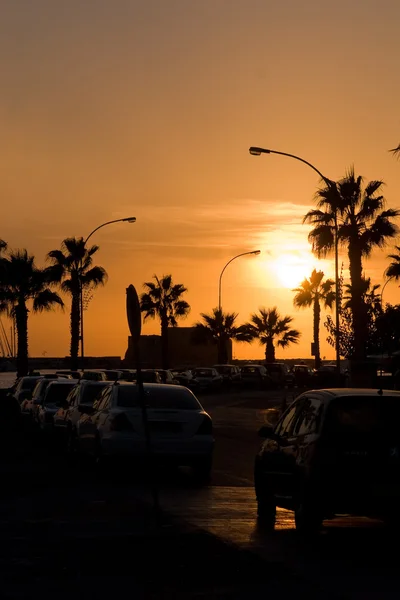 stock image Yellow sunset with cars and palms