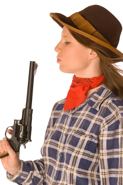 Cowgirl soufflant à son arme après le tournage — Photo