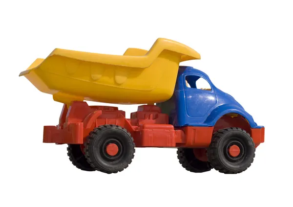 Μωρό παιχνίδι ανατρεπόμενο φορτηγό απομονωθεί σε λευκό Εικόνα Αρχείου