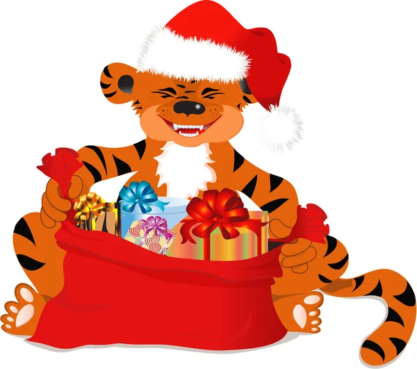 Τίγρη με τα δώρα Χριστουγέννων — Διανυσματικό Αρχείο