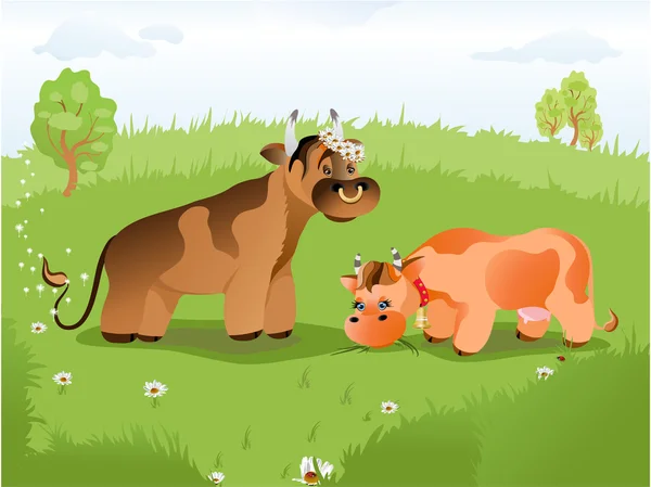 在草坪上牛的矢量插画 — 图库矢量图片