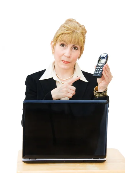 Call us - businesswoman with telephone — Stock Photo, Image