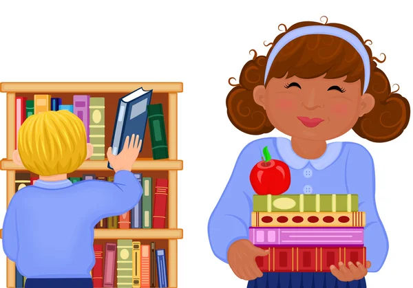 Crianças multirraciais na biblioteca — Vetor de Stock
