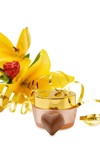 Luxury face cream with heart chocolate — Stock Photo, Image