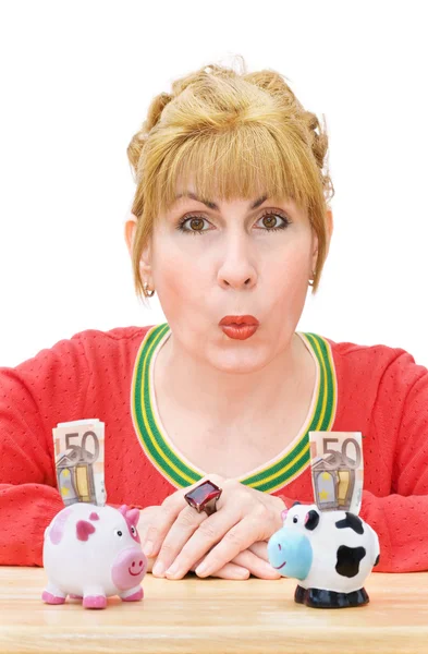 Woman with money and piggy bank — Stock Photo, Image