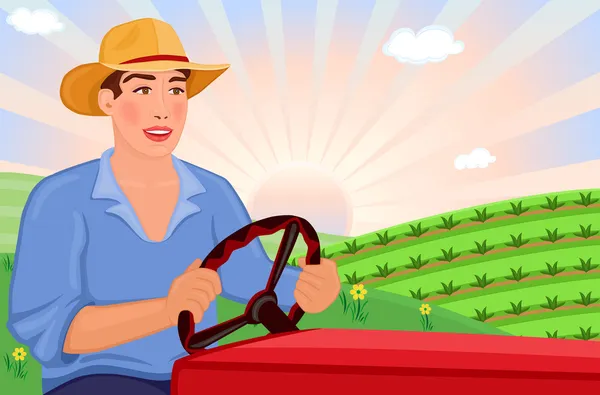 Agricultor conduciendo tractor en los campos — Vector de stock