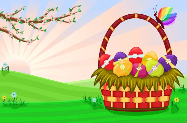 Panier de Pâques avec œufs décorés — Image vectorielle