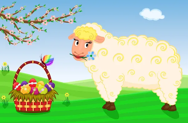 复活节篮子鸡蛋和可爱的绵羊 — 图库矢量图片