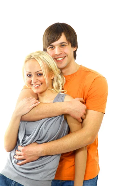 Happy smiling couple in love, over white background — Stock Photo, Image