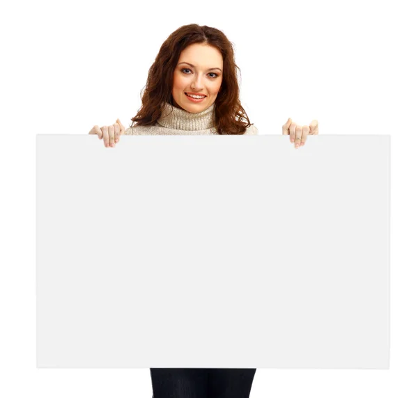 Молодая деловая женщина с рекламным щитом — стоковое фото