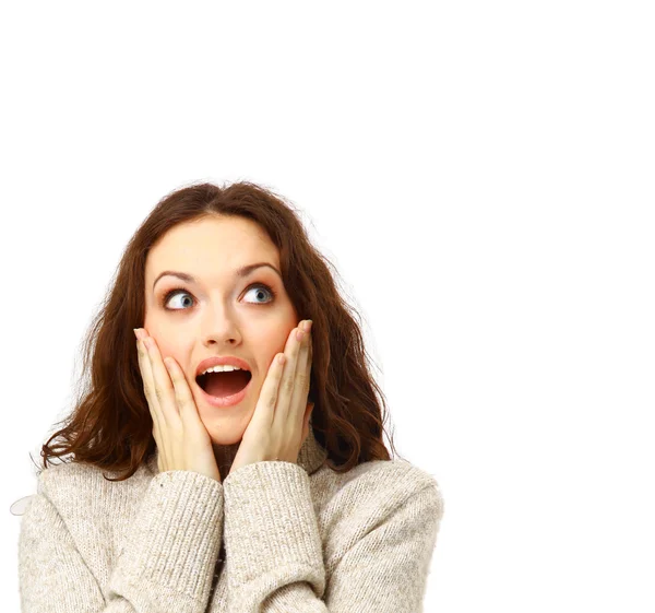 Eine glückliche junge Frau überrascht — Stockfoto