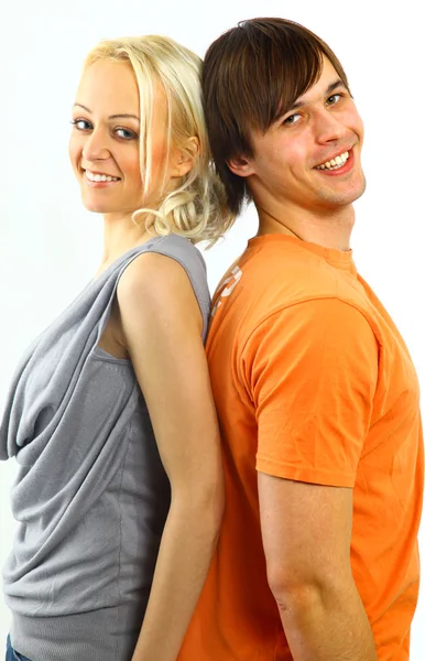 Šťastný usmívající se pár v lásce, bílé pozadí — Stock fotografie