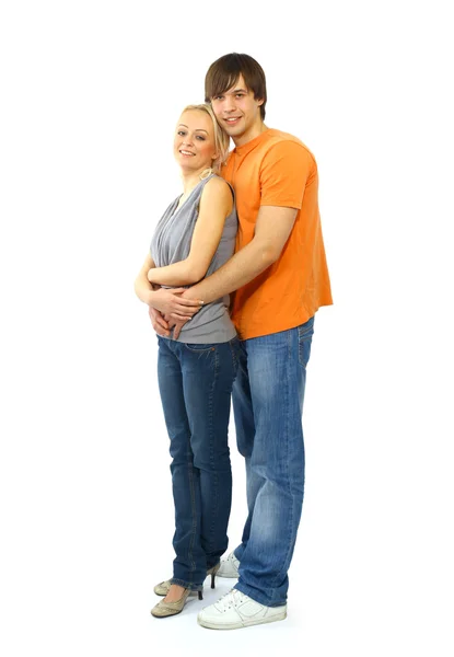 Happy smiling couple in love. Over white background — Stock Photo, Image