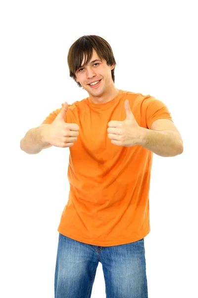 一个聪明的年轻小伙子，打手势竖起大拇指向上在白色背景上的肖像 — 图库照片