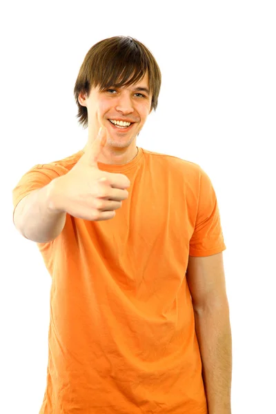 Porträtt av en smart ung kille gestikulerande tummen upp på vit bakgrund — Stockfoto