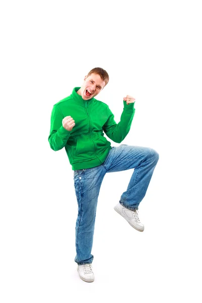 Casual man looking very happy with his arms up — Stock Photo, Image