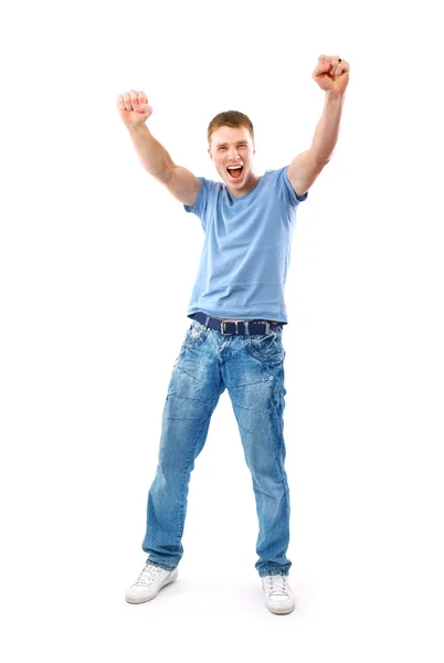 Homem feliz celebrando seu sucesso isolado sobre um fundo branco — Fotografia de Stock