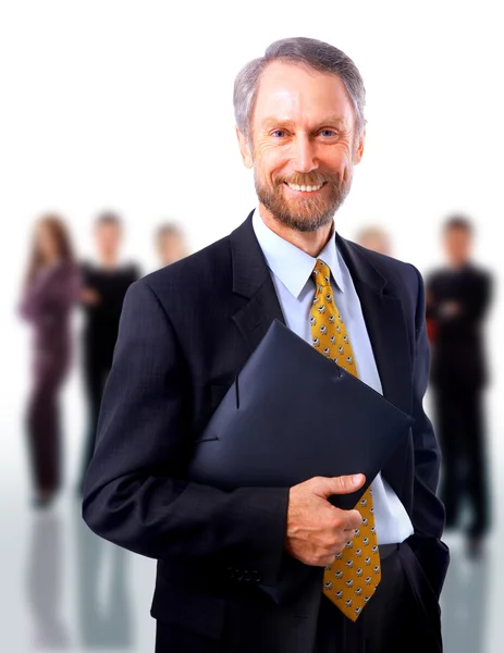 Ο άνθρωπος των επιχειρήσεων και η ομάδα του απομονωθεί πάνω σε λευκό φόντο — Φωτογραφία Αρχείου