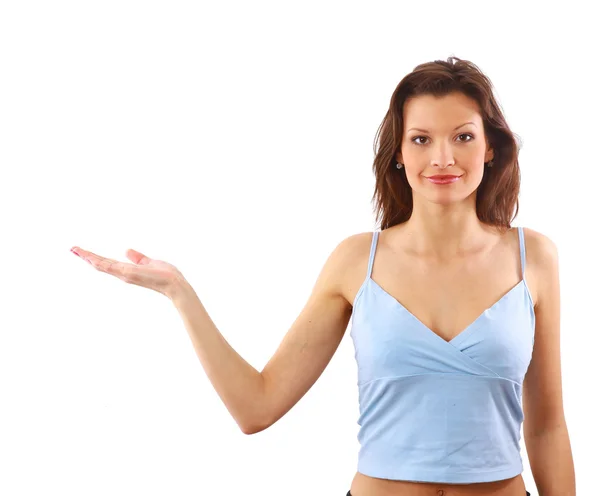 Young smiling woman with hand gesture and copy space isolated over white ba — Stock Photo, Image