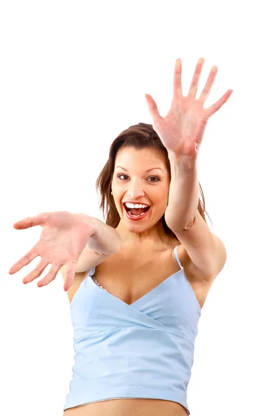 Junge Frau gestikuliert mit den Händen vor weißem Hintergrund — Stockfoto