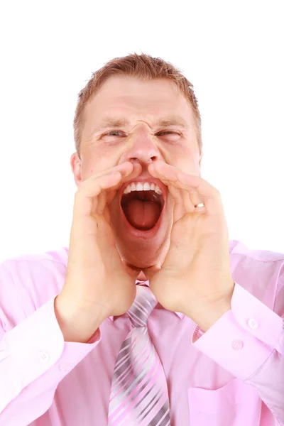Retrato de close-up de um jovem gritando alto em um fundo branco — Fotografia de Stock