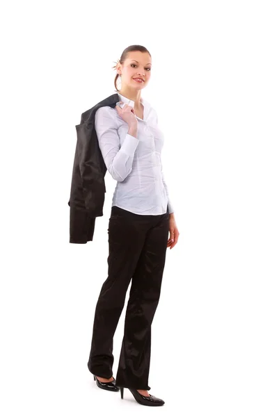 Portret van een mooie jonge zakenvrouw permanent geïsoleerd op witte backg — Stockfoto