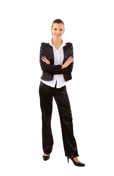 Portrait of a pretty young business woman standing isolated on white backg — Stock Photo, Image