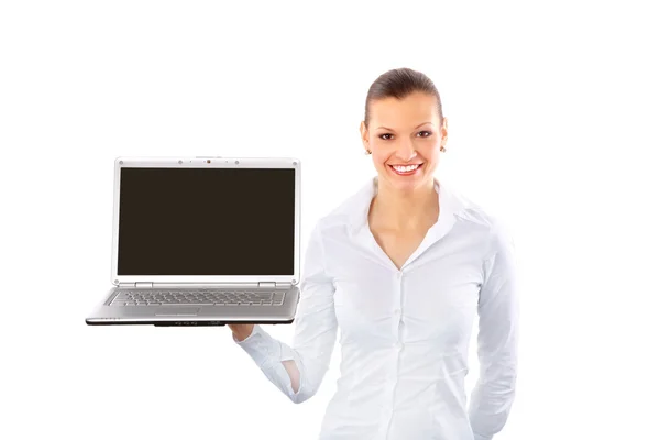 Ładny biznes kobieta patrząc na laptopa — Zdjęcie stockowe