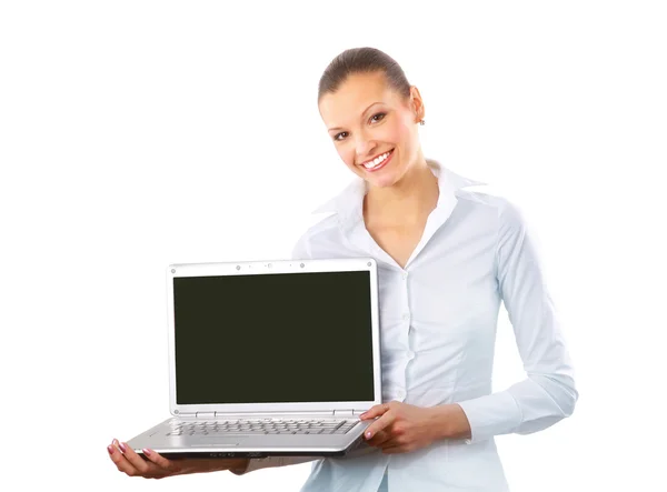 Mujer de negocios bonita mirando portátil —  Fotos de Stock
