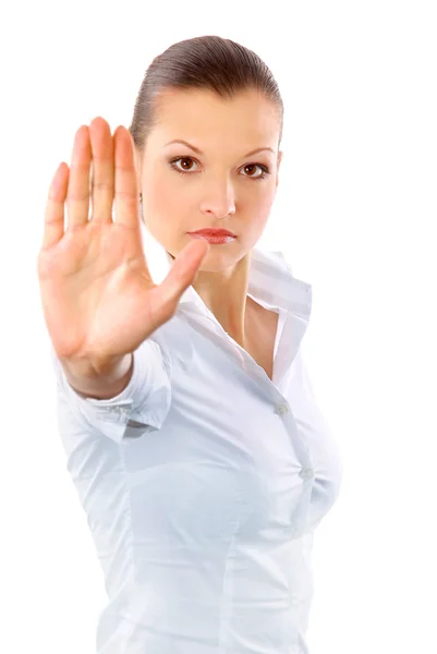 Mujer enojada señalando señal de stop, aislada sobre fondo blanco — Foto de Stock